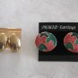 2 Pair Gold & Colored Enamel Pierced Earrings Vintage Jewelry 1980s