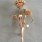 Gold Long Stem Triple Open Flower Brooch Pin Vintage 1970s Jewelry
