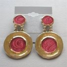 Large Chunky Retro Pink & Gold Dangle Pierced Earrings Vintage 1970s Jewelry