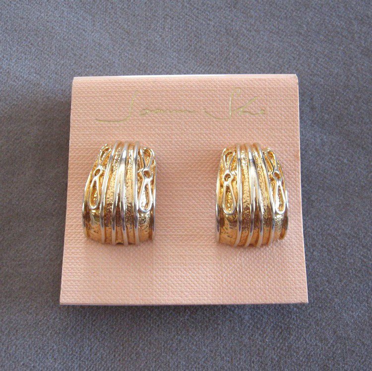 Gold & Silver Clip On Earrings By Designer Joann She Vintage 1980s Jewelry