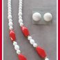 White & Red Beaded Necklace & Domed Button Clip On Earrings Vintage Retro Japan