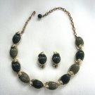 Green Thermoset Aurora Borealis Stone Necklace Bracelet Clip On Earrings Vintage Jewelry Set