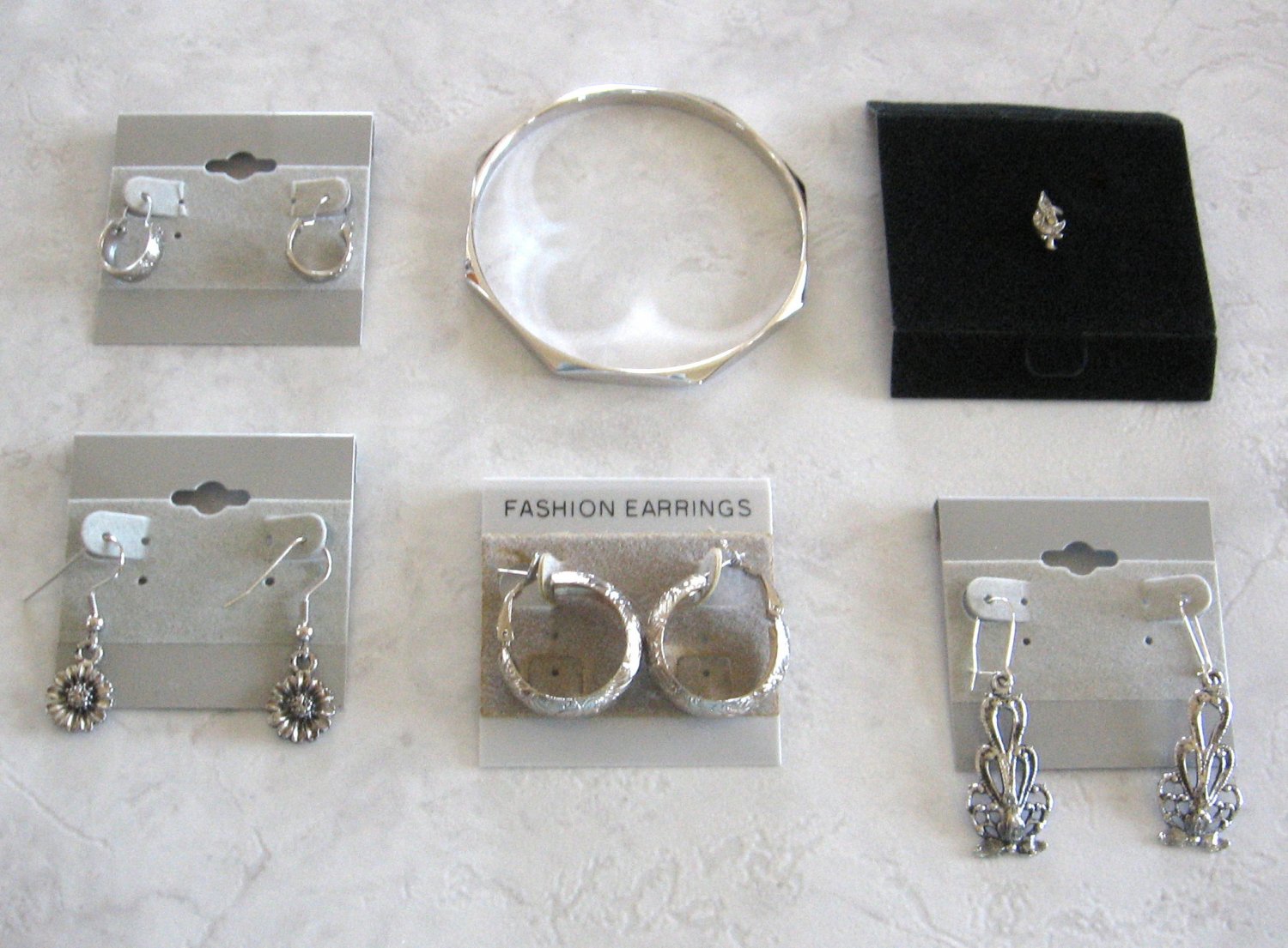 Silver Bangle Bracelet 4 Pair Pierced Earrings Rhinestone Pin Designer Monet 6 Pieces Vintage 1980s