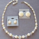Crystal Aurora Borealis Pearl Bead Necklace 2 Pair Clip On Earrings 3 Pieces Designer Laguna Vintage