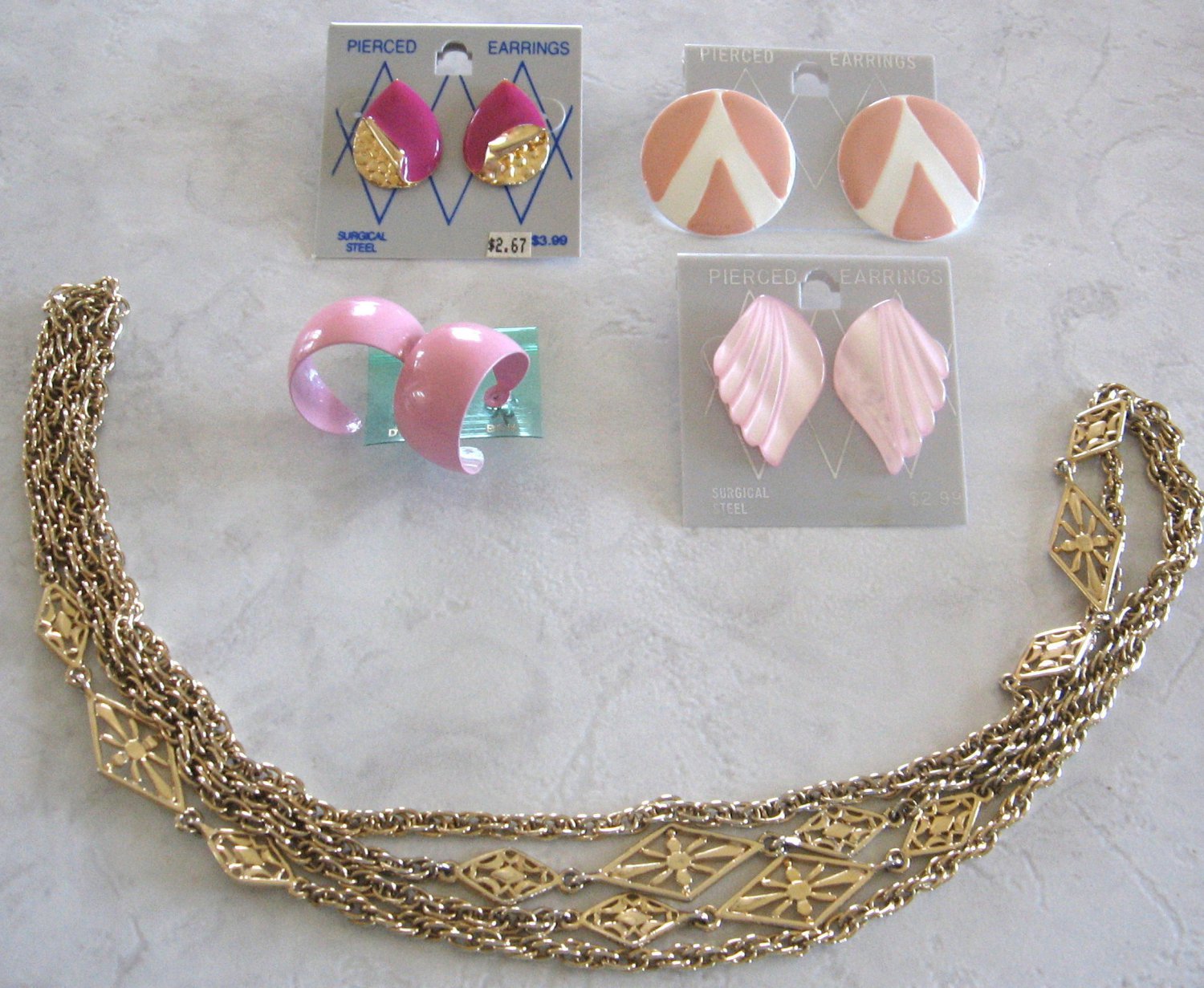 Gold Charm Pendant Necklace 4 Pair Pink Pierced Earrings Hoop 5 Pieces Vintage Jewelry