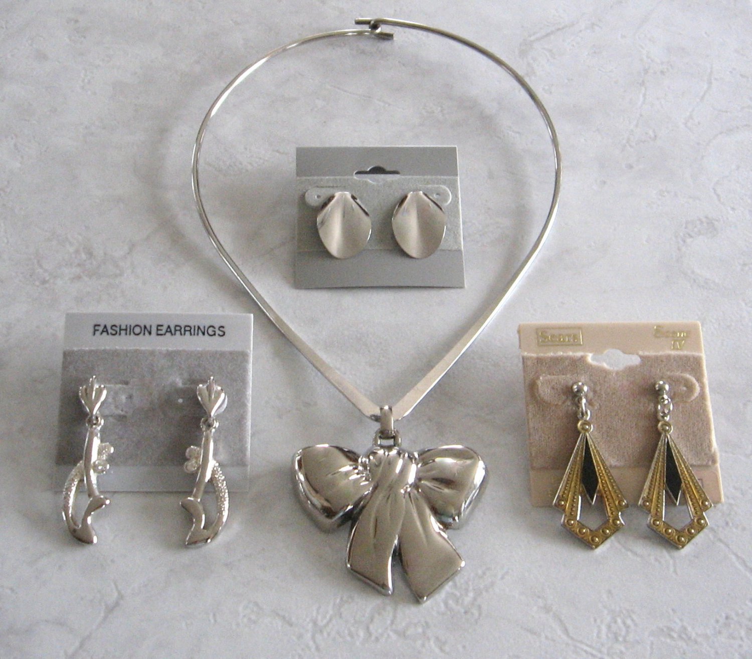 Large Silver Bow Pendant Necklace & 3 Pair Pierced Earrings 5 Pieces Sears Vintage Jewelry