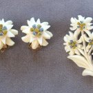 Hand Carved Flower Brooch Pin & Clip On Earrings Vintage Set 1950s Jewelry