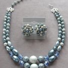 Blue Double Strand Beaded Necklace & Clip On Earrings Japan Vintage 1950s Jewelry Set