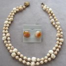 Double Strand Amber Tan Beige Beaded Necklace & Clip On Earrings Vintage 1950s Jewelry