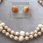 Double Strand Amber Tan Beige Beaded Necklace & Clip On Earrings Vintage 1950s Jewelry