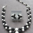 Black & White Double Strand Beaded Necklace & Clip On Earrings Hong Kong Vintage 1950s Black & White Double Strand Beaded Necklace & Clip On Earrings Hong Kong Vintage 1950s