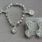Silver Rhinestone Set Pendant Necklace Bracelet & Clip On Earrings Vintage 1990's