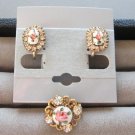 Guilloche Cameo Rose Rhinestone Brooch Pin & Earrings Jewelry Set Designer Vargas Vintage 1940s