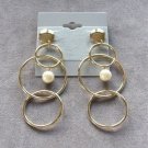 Large 3 Ring Gold Triple Circle Hoop Dangle Pearl Pierced Earrings Vintage Jewelry 1980s