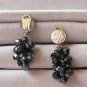 Black Glass Cluster Beaded Dangle Clip On Earrings Retro Vintage Jewelry 1950s