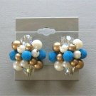 Blue Bead Crystal Aurora Borealis Clip On Earrings Japan Vintage Jewelry 1950s