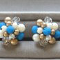 Blue Bead Crystal Aurora Borealis Clip On Earrings Japan Vintage Jewelry 1950s