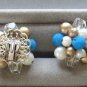 Blue Bead Crystal Aurora Borealis Clip On Earrings Japan Vintage Jewelry 1950s