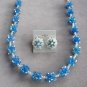 Handcrafted Blue Aurora Borealis Beaded Necklace & Clip On Earrings Vintage Jewelry Set 1960s