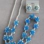 Handcrafted Blue Aurora Borealis Beaded Necklace & Clip On Earrings Vintage Jewelry Set 1960s