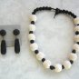 Handcrafted White & Black Soft Straw Beaded Necklace & Clip On Earrings Set Vintage 1950s Jewelry