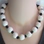 Handcrafted White & Black Soft Straw Beaded Necklace & Clip On Earrings Set Vintage 1950s Jewelry