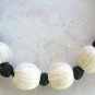 Handcrafted White & Black Soft Straw Beaded Necklace & Clip On Earrings Set Vintage 1950s Jewelry