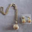 Large Chunky Fancy Gold Ball Pendant Necklace & Clip On Earrings Jewelry Set Vintage 1960s Large Chunky Fancy Gold Ball Pendant Necklace & Clip On Earrings Jewelry Set Vintage 1960s