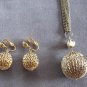 Large Chunky Fancy Gold Ball Pendant Necklace & Clip On Earrings Jewelry Set Vintage 1960s