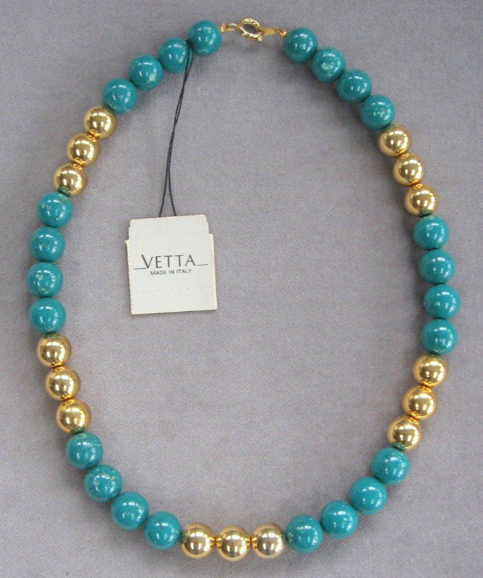 Green & Gold Beaded Necklace By Designer Vetta Made In Italy Vintage 1980s Jewelry