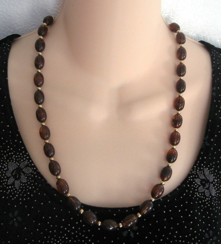 Oval Amber Brown Beaded Necklace Retro Hidden Clasp Vintage Jewelry 1960s
