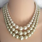 Triple Strand White Pearl & Green Beaded Necklace Retro Japan 1950s Vintage Jewelry