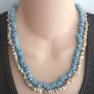 Double Strand Blue Shell Beaded Necklace Handcrafted 1970s Vintage Jewelry