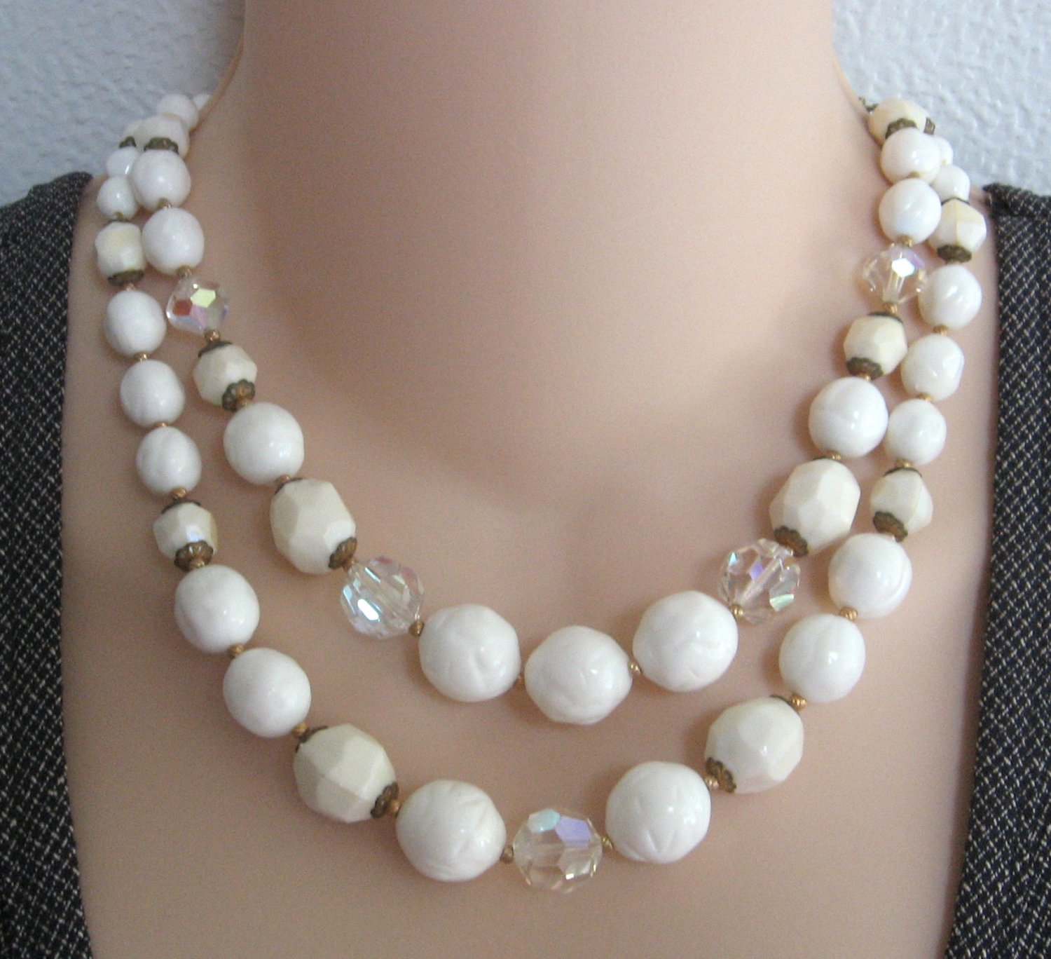 Crystal Aurora Borealis White Bead Necklace Double Strand Vintage Retro