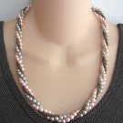 Triple Strand Braided Gray Silver & Pink Beaded Necklace Retro Vintage Jewelry 1970s