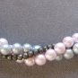 Triple Strand Braided Gray Silver & Pink Beaded Necklace Retro Vintage Jewelry 1970s