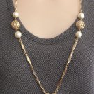 Long Fancy 31" Pearl Necklace Large Gold Opened Weave Beads Retro 1960s Vintage Jewelry
