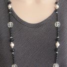 Long Fancy Black Beaded Necklace 37" Vintage Jewelry 1980s