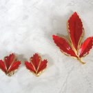 Red Enamel Leaf Brooch Pin & Clip On Earrings Vintage Jewelry Set 1960s Red Enamel Leaf Brooch Pin & Clip On Earrings Vintage Jewelry Set 1960s