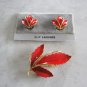 Red Enamel Leaf Brooch Pin & Clip On Earrings Vintage Jewelry Set 1960s