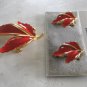 Red Enamel Leaf Brooch Pin & Clip On Earrings Vintage Jewelry Set 1960s