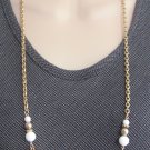 Gold Pendant White Beaded Necklace 32" Hipster Vintage Jewelry 1970s