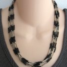 7 Strand Black Onyx & Silver Necklace Retro Vintage Jewelry 1970s 7 Strand Black Onyx & Silver Necklace Retro Vintage Jewelry 1970s