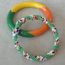 2 Bangle Bracelets Handmade Colorful Beads Orange Green Yellow Vintage Jewelry 1970s