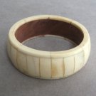 Chunky Large Ivory Colored Stone Bangle Bracelet Wood Teak Inlay Vintage Jewelry