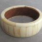 Chunky Large Ivory Colored Stone Bangle Bracelet Wood Teak Inlay Vintage Jewelry