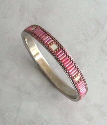 Pink Iridescent Glass Beaded Mirror Bangle Bracelet Handcrafted Pink Iridescent Glass Beaded Mirror Bangle Bracelet Handcrafted Vintage Jewelry 1980s