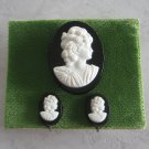 Black & White Cameo Brooch Pin And Earrings Handcrafted Vintage Jewelry Set 1950s Black & White Cameo Brooch Pin And Earrings Handcrafted Vintage Jewelry Set 1950s