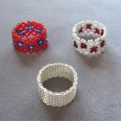 3 Rings Silver Red Blue & White Bands Handcrafted Beaded Sizes 6-9 Vintage Jewelry 1970s