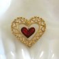 Large Swinging Dangle Red and Gold Heart Pin Lapel Brooch Vintage Jewelry 1980s